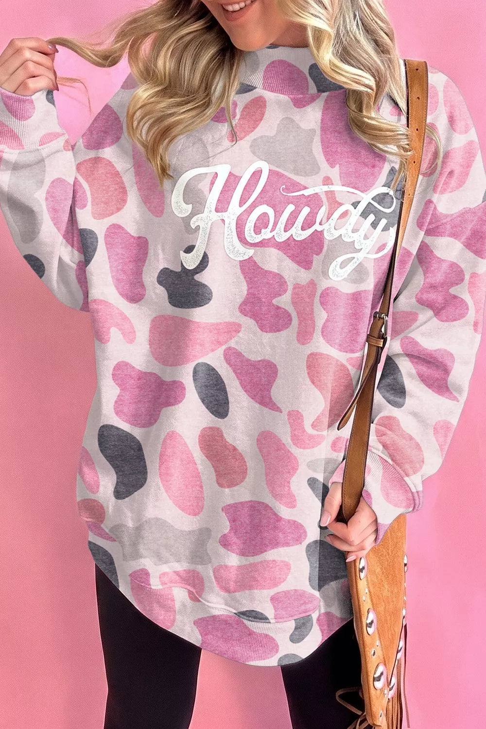 Pink camouflage Howdy sweatshirt, front styled view