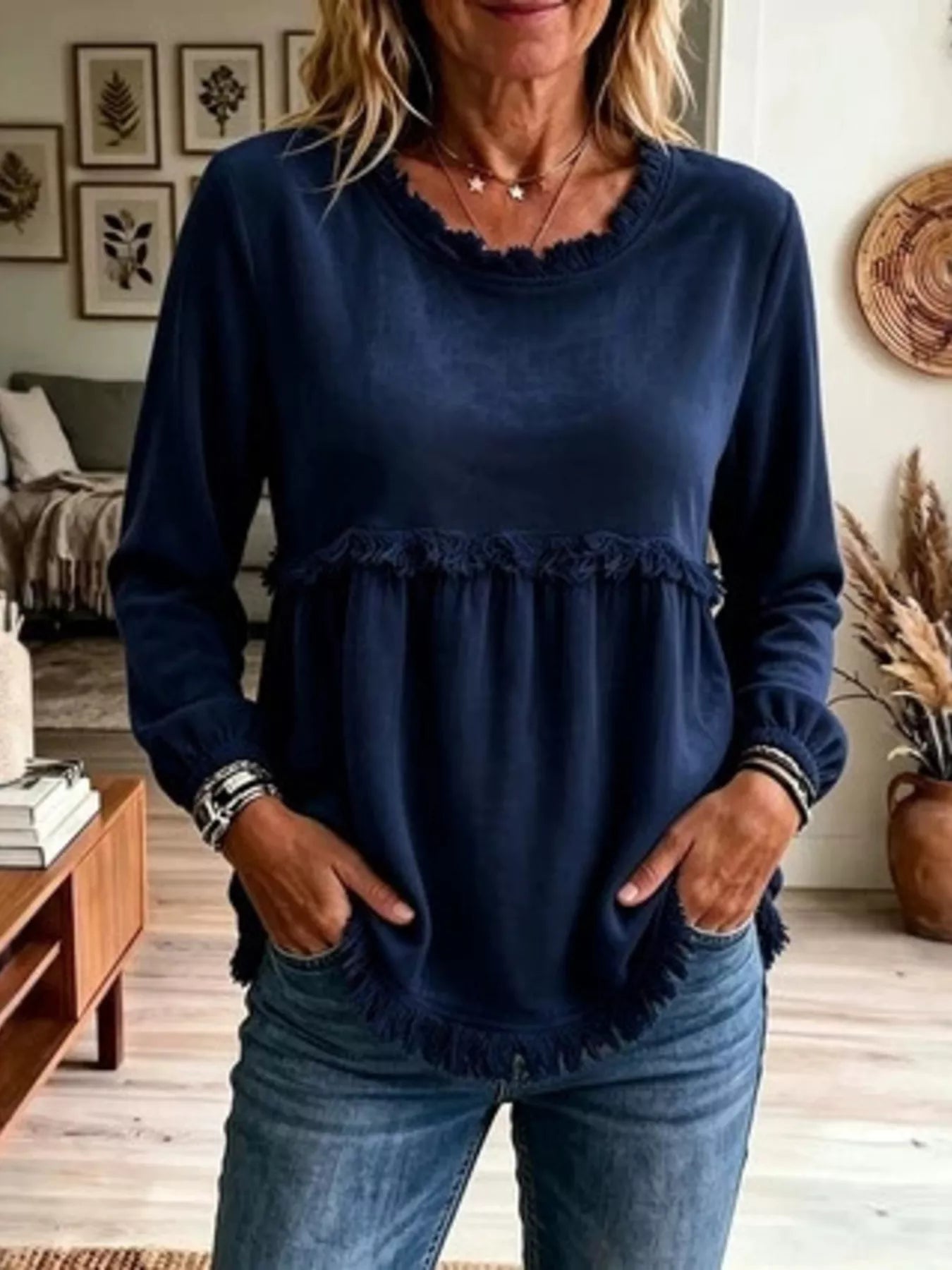 Trendsi Fringed Hem Long Sleeve T-Shirt -