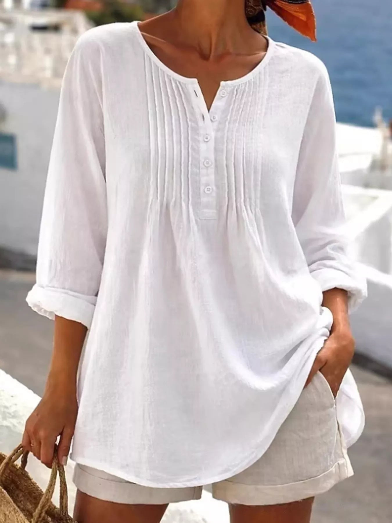 Trendsi Casual Button Detail Long Sleeve Linen Shirt -