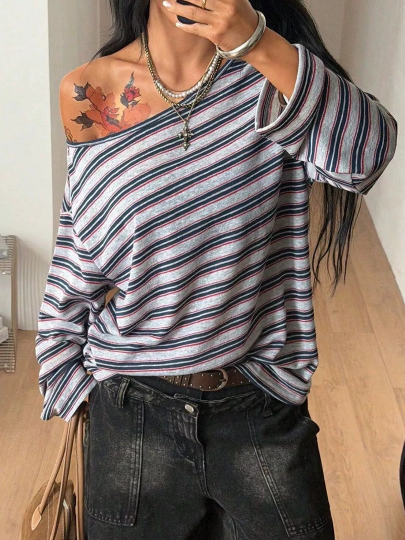 Trendsi Striped Boat Neck Long Sleeve T-Shirt -