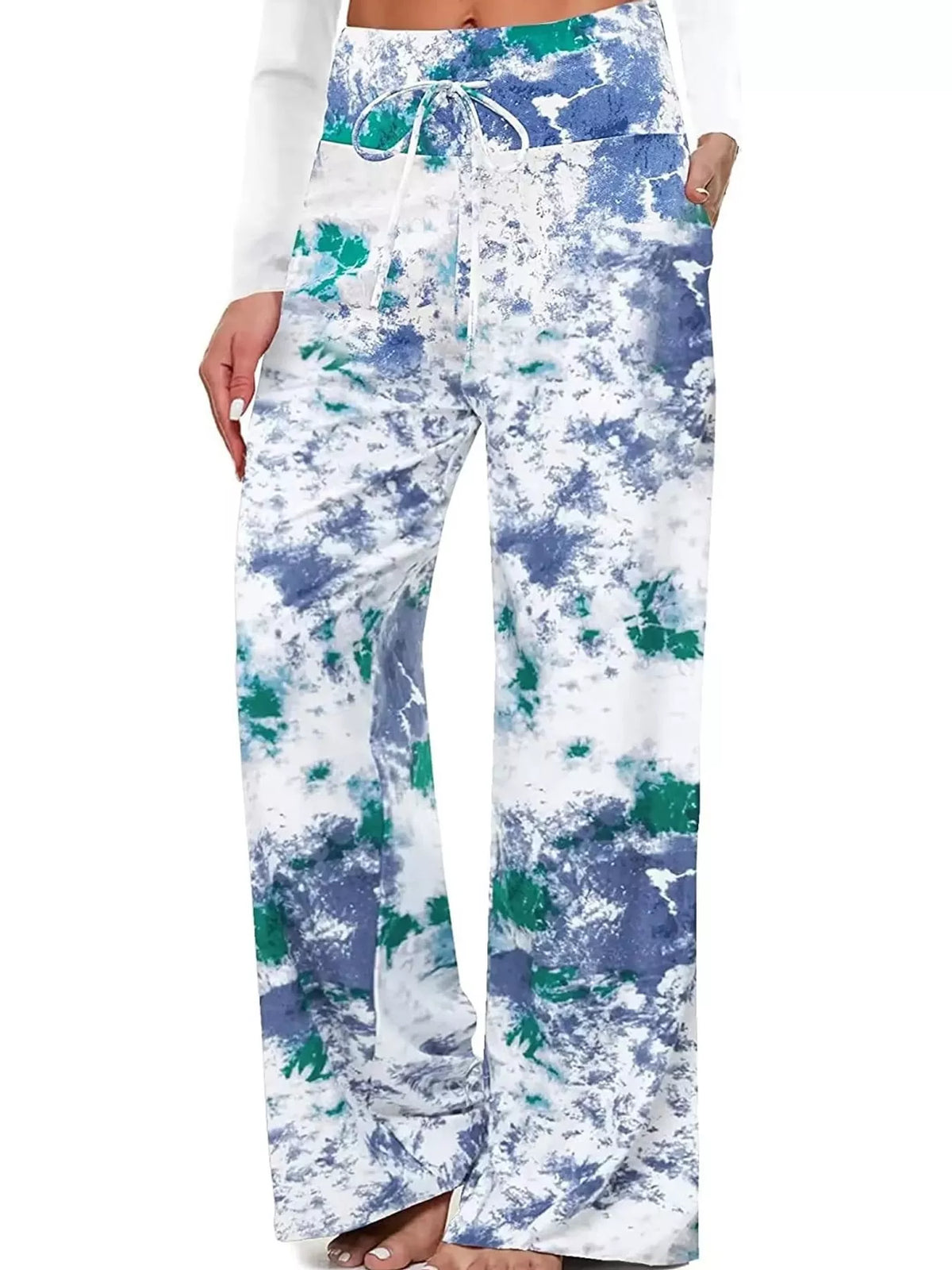 Wide-leg lounge pants, blue-green print front