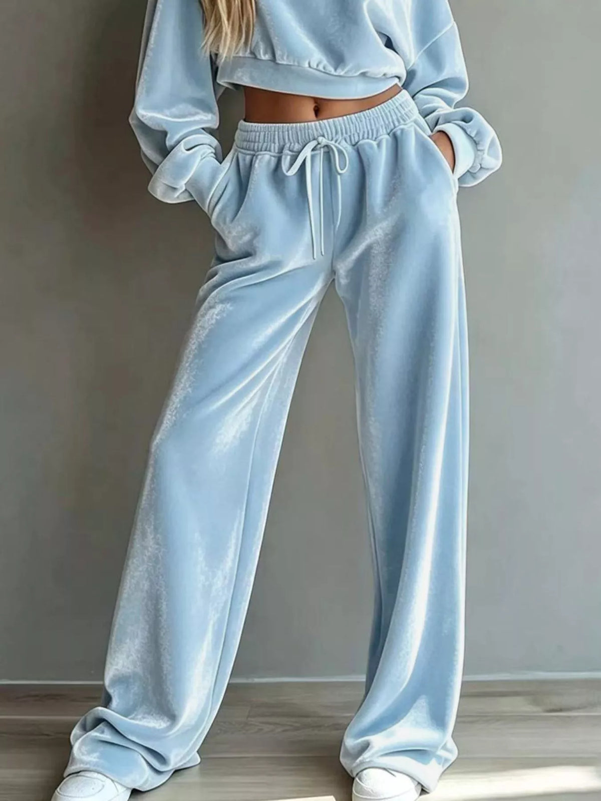 Light Blue Cropped Sweatshirt & Wide-Leg Pants Set pants detail