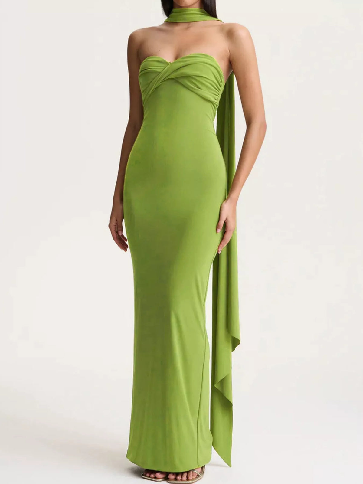 Green strapless ruched bodycon maxi dress with scarf, front view