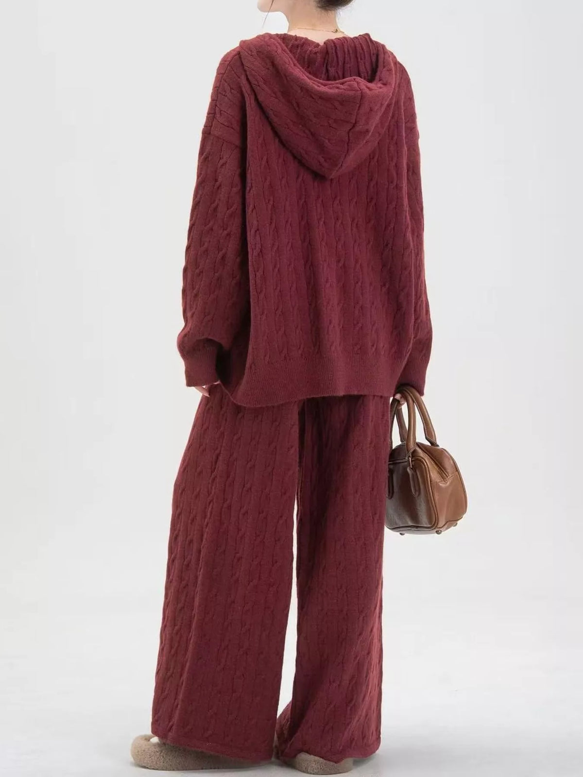 Cable-knit cardigan and pants set, burgundy back