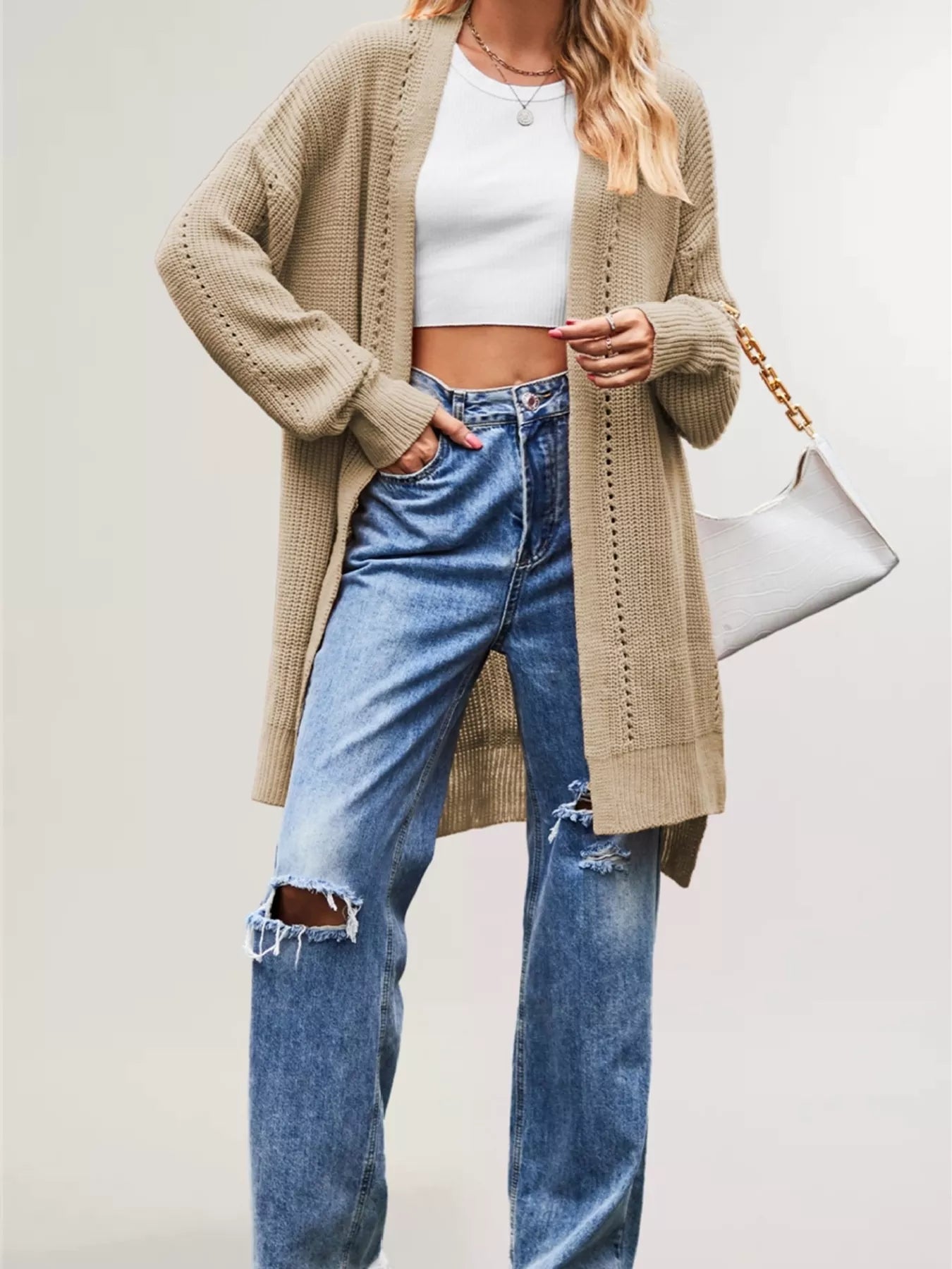 Trendsi Open Front Openwork Knit Longline Cardigan -