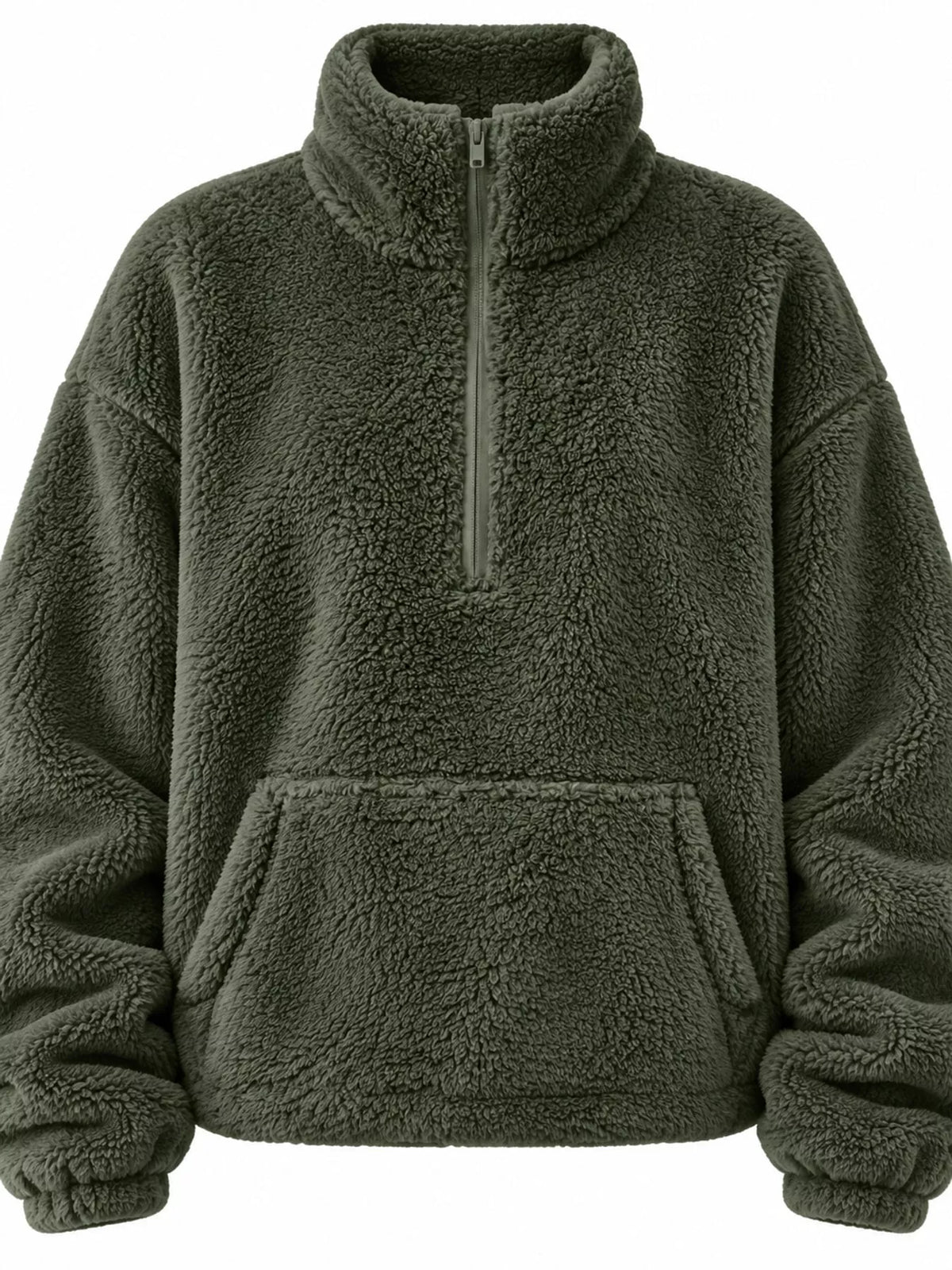 Sherpa quarter-zip sweatshirt, olive zip and pocket front