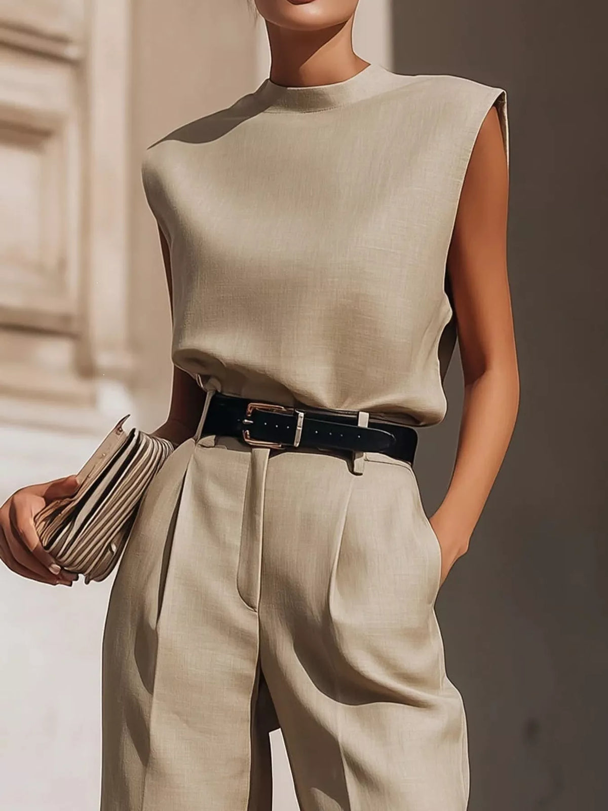 Sleeveless Top and Bermuda Shorts Set, detail view in khaki