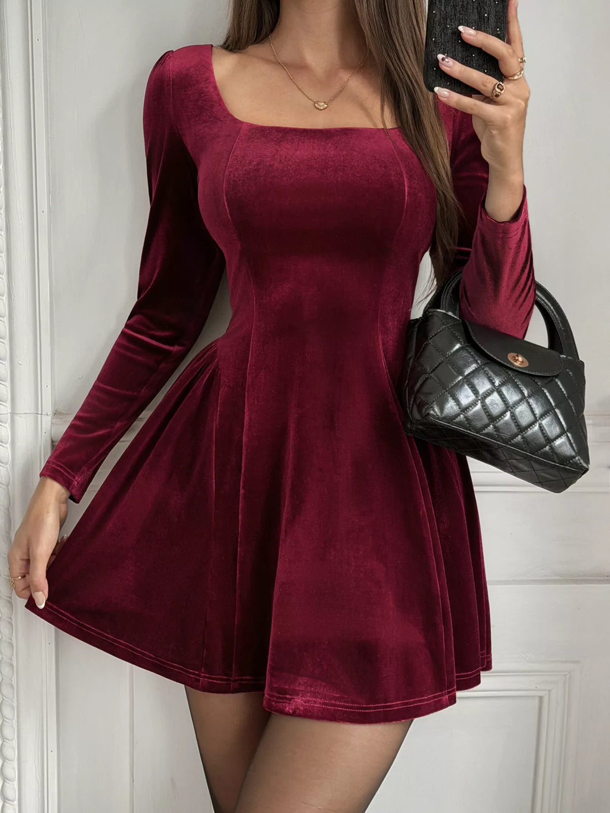 Velvet Square Neck Long Sleeve Mini Dress, front view