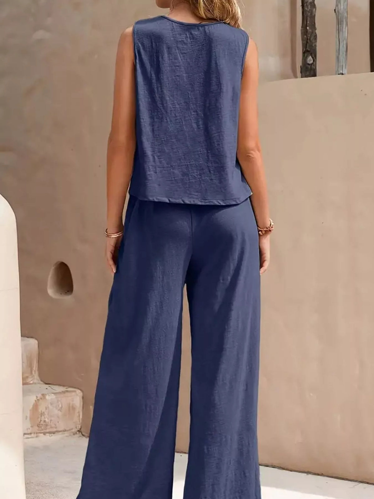 Sleeveless Tank Top and Wide-Leg Pants Set — back view