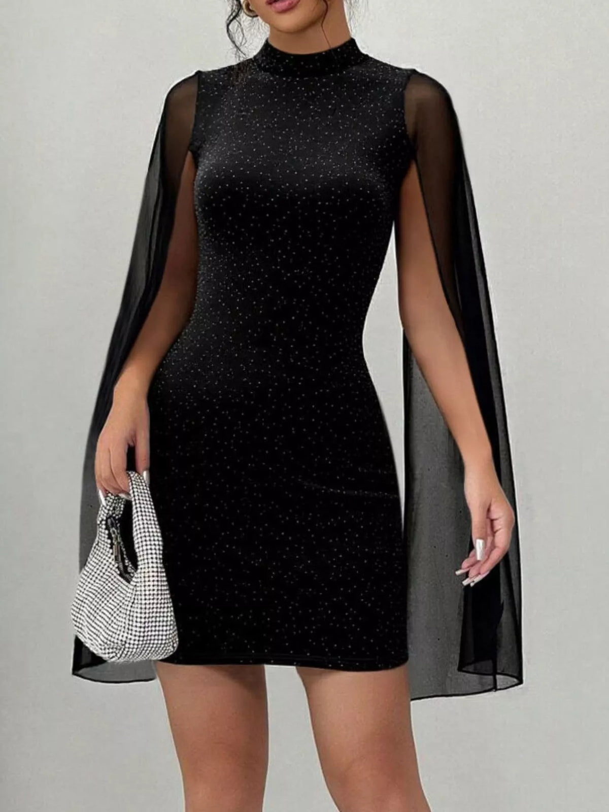 Glitter mesh slit-sleeve bodycon mini dress