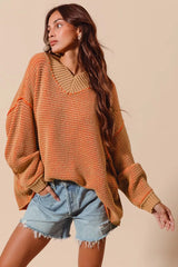 Trendsi SO ME Oversized Two Tone Textured V Neck Sweater -