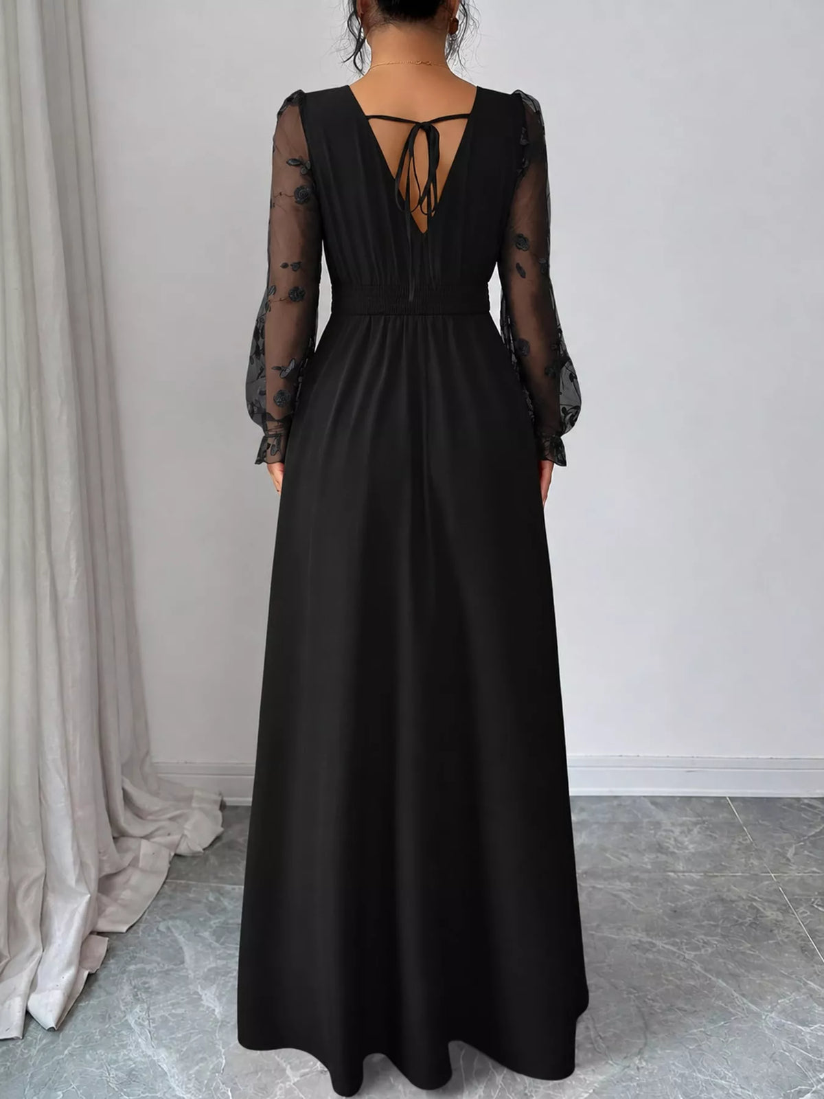 V-neck long sleeve maxi dress, back view