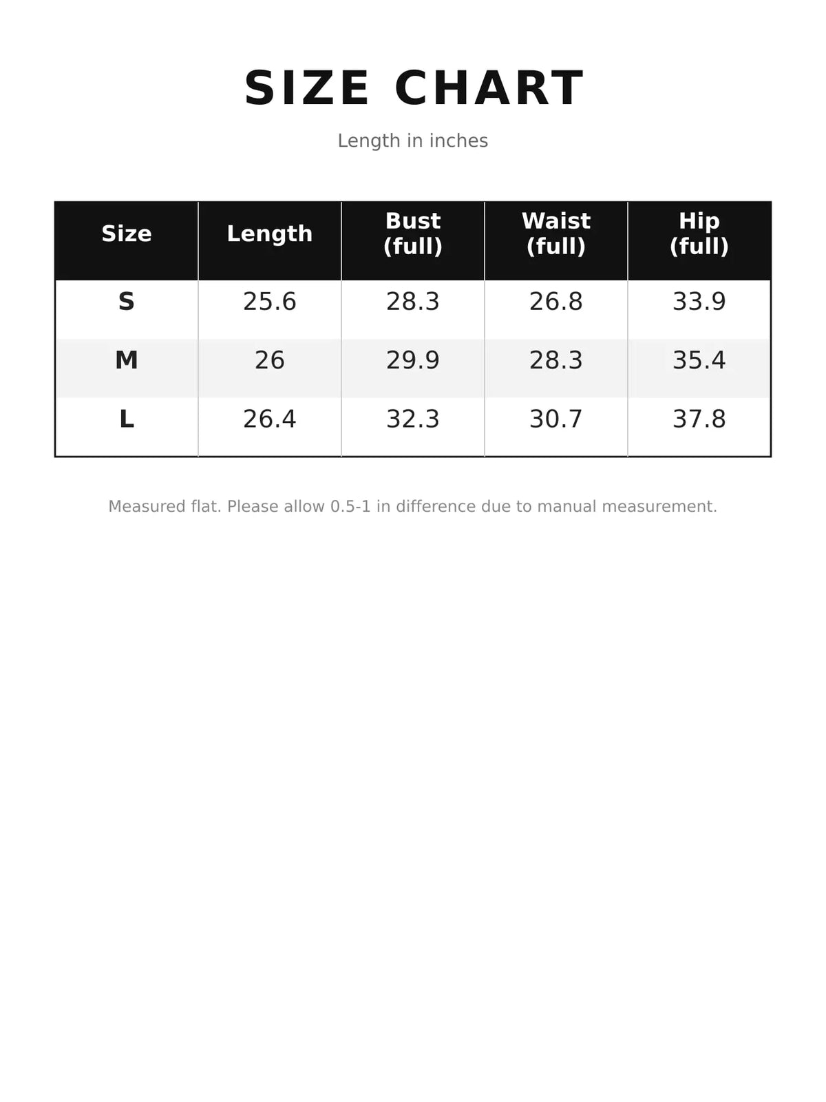 strapless mini dress, size and measurement chart