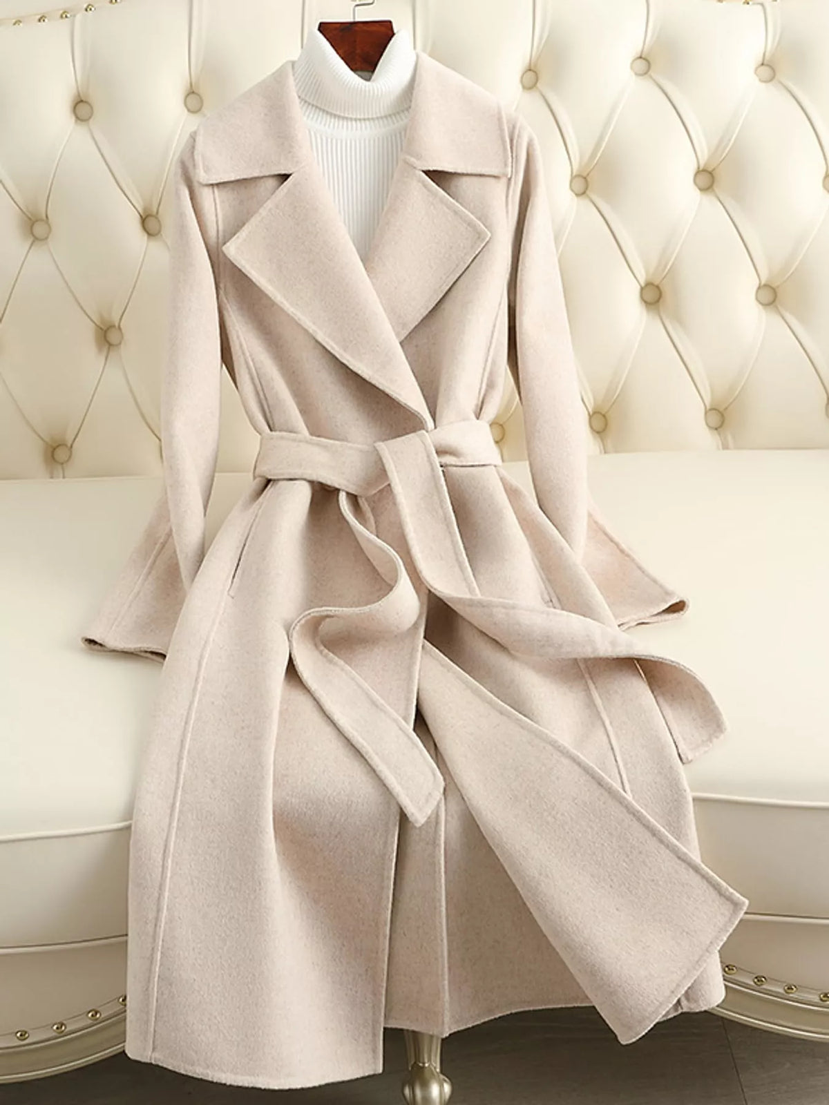 Cream belted longline wool coat