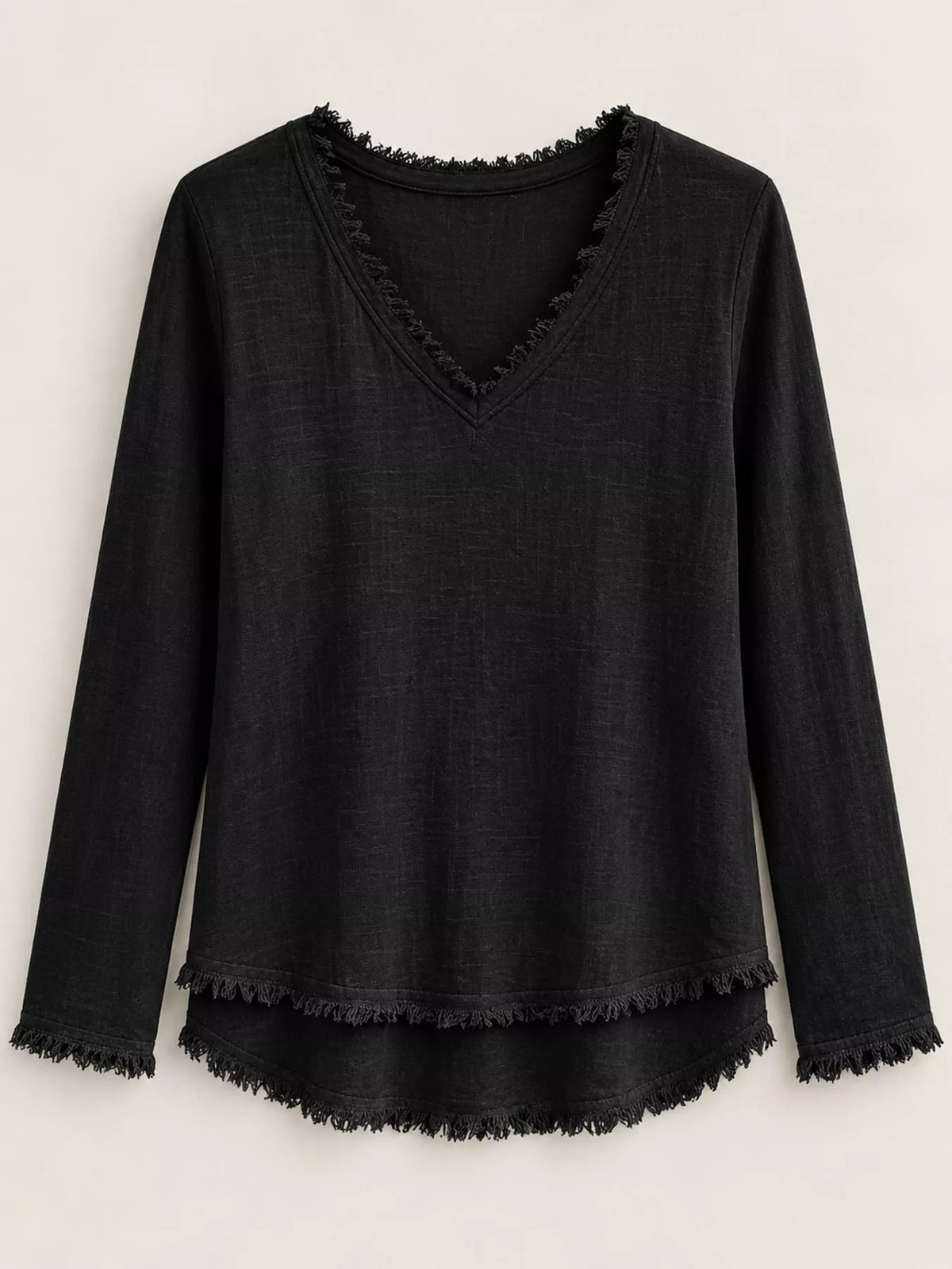 Frayed V-neck blouse, black flat lay