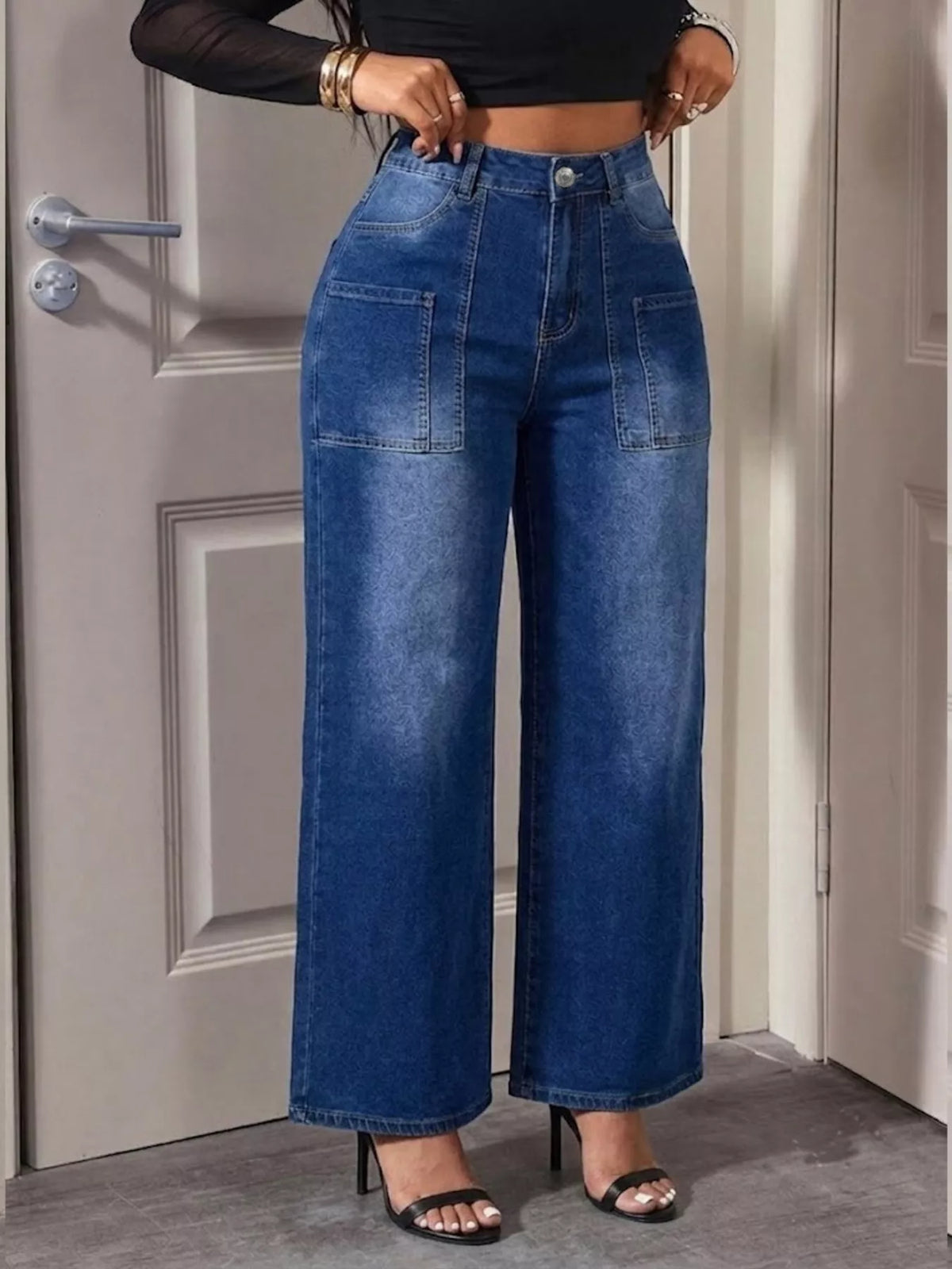 High-Waisted Patch Pocket Wide-Leg Jeans in blue, front view