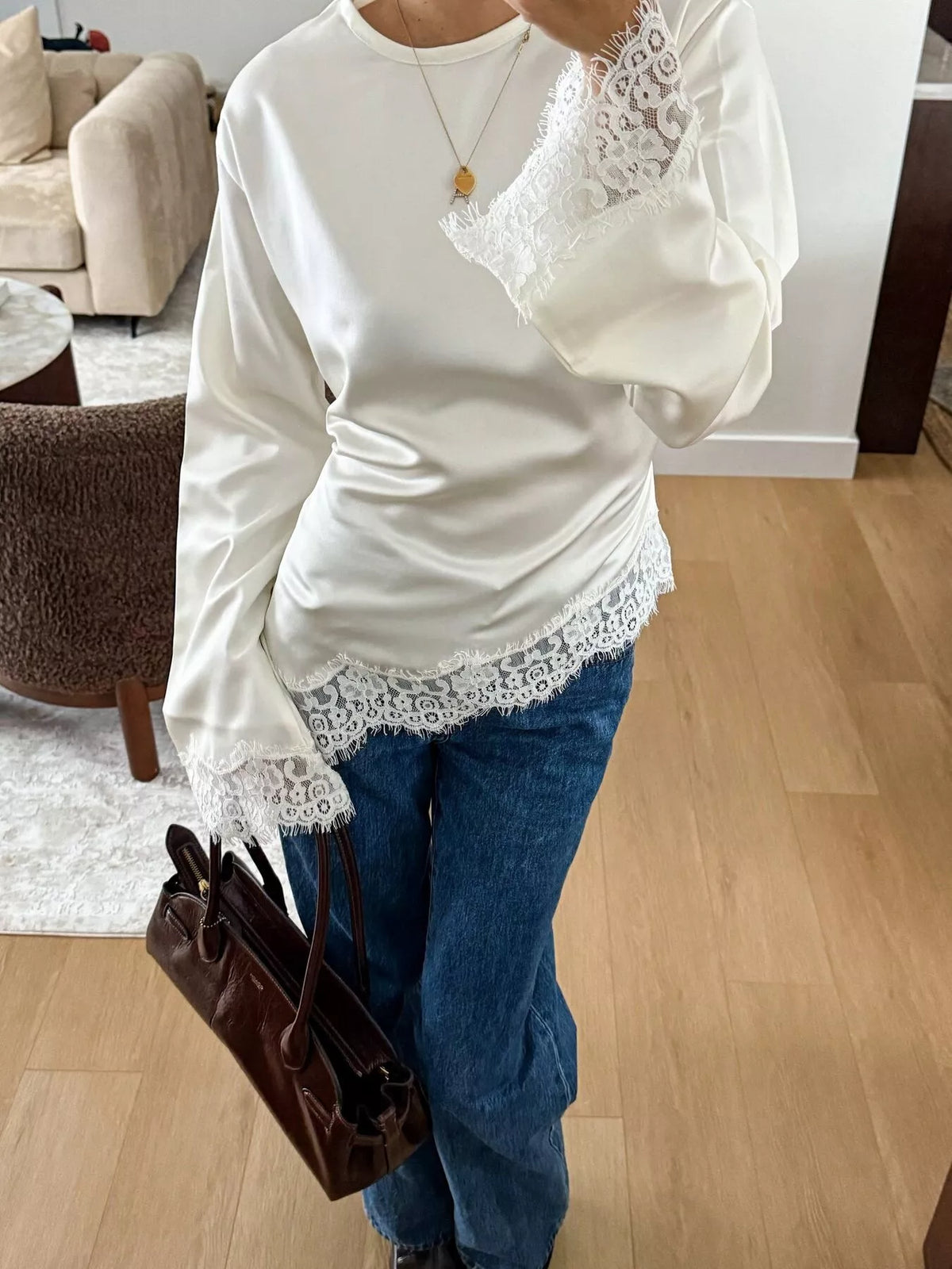 White lace detail long sleeve blouse — front view
