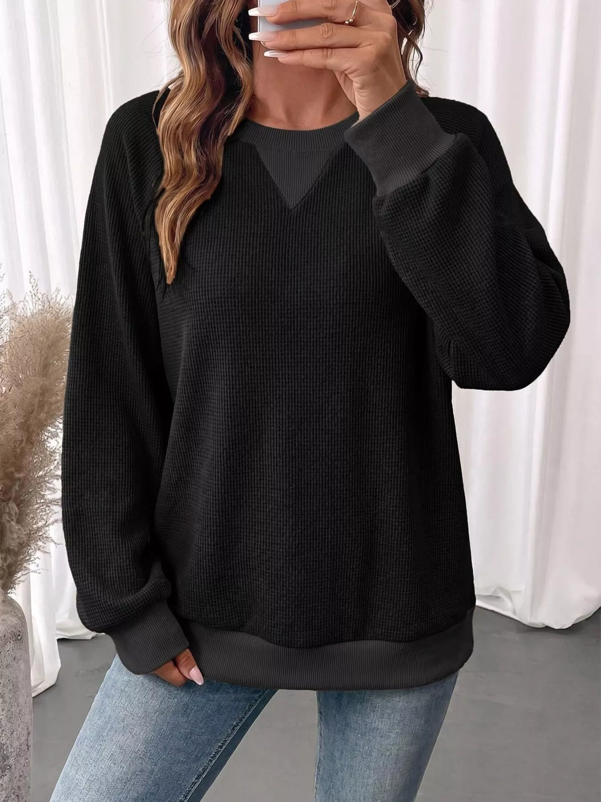 Trendsi Waffle Knit Crew Neck Long Sleeve Sweatshirt -