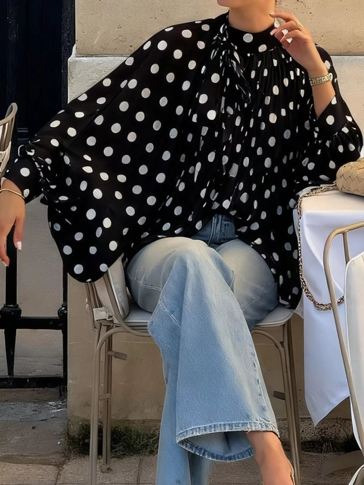 Black polka dot long sleeve blouse