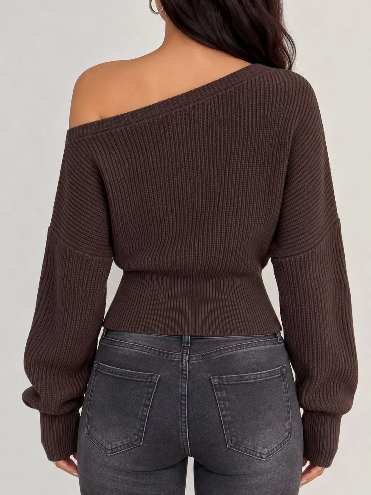 Brown one shoulder ribbed knit sweater, back view
