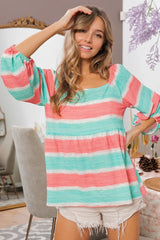 Trendsi BiBi Stripe Printed Bubble Woven Balloon Sleeves Top -