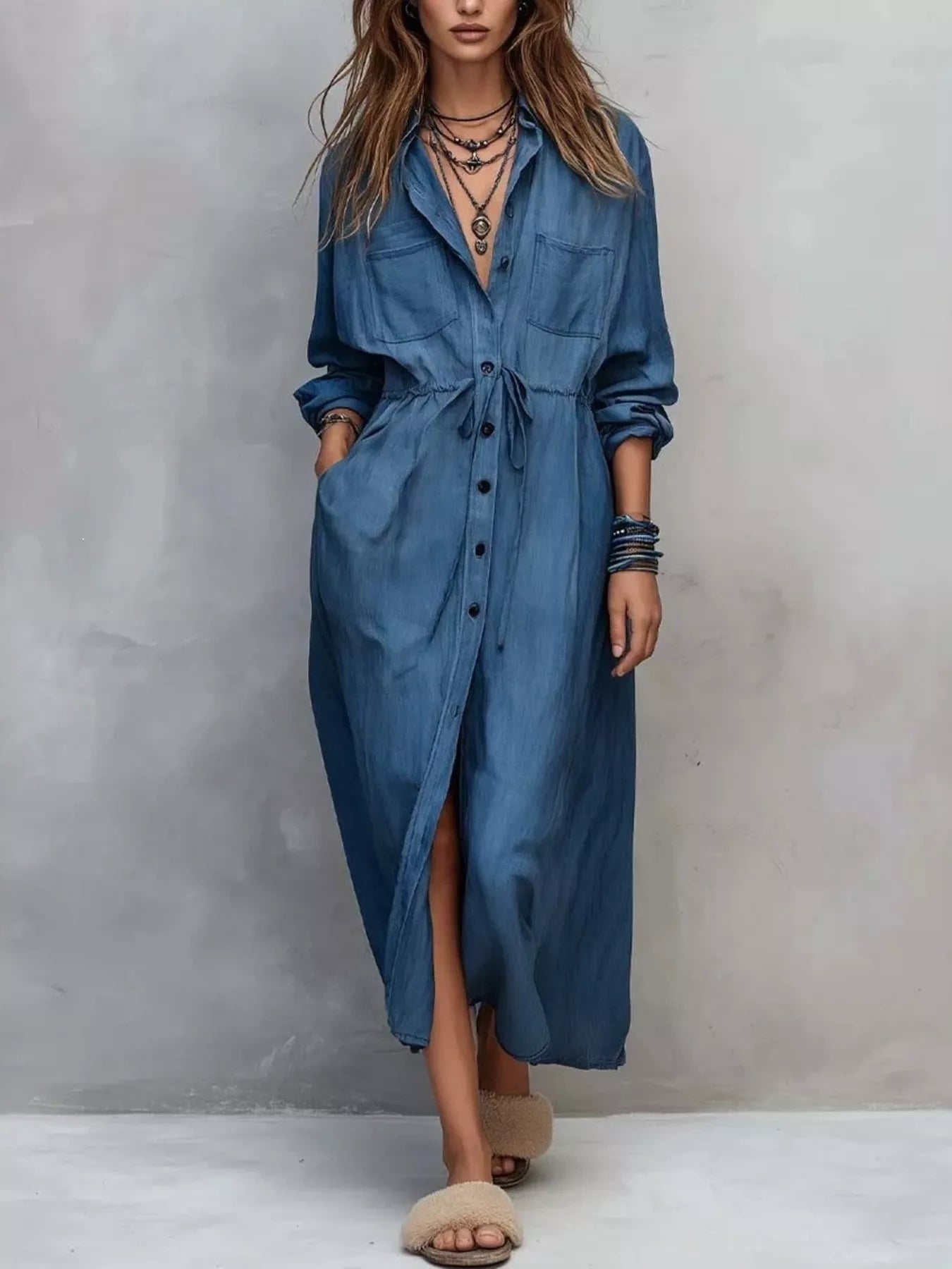 Trendsi Full Size Button Front Long Sleeve Shirt Dress Plus Size - Dresses