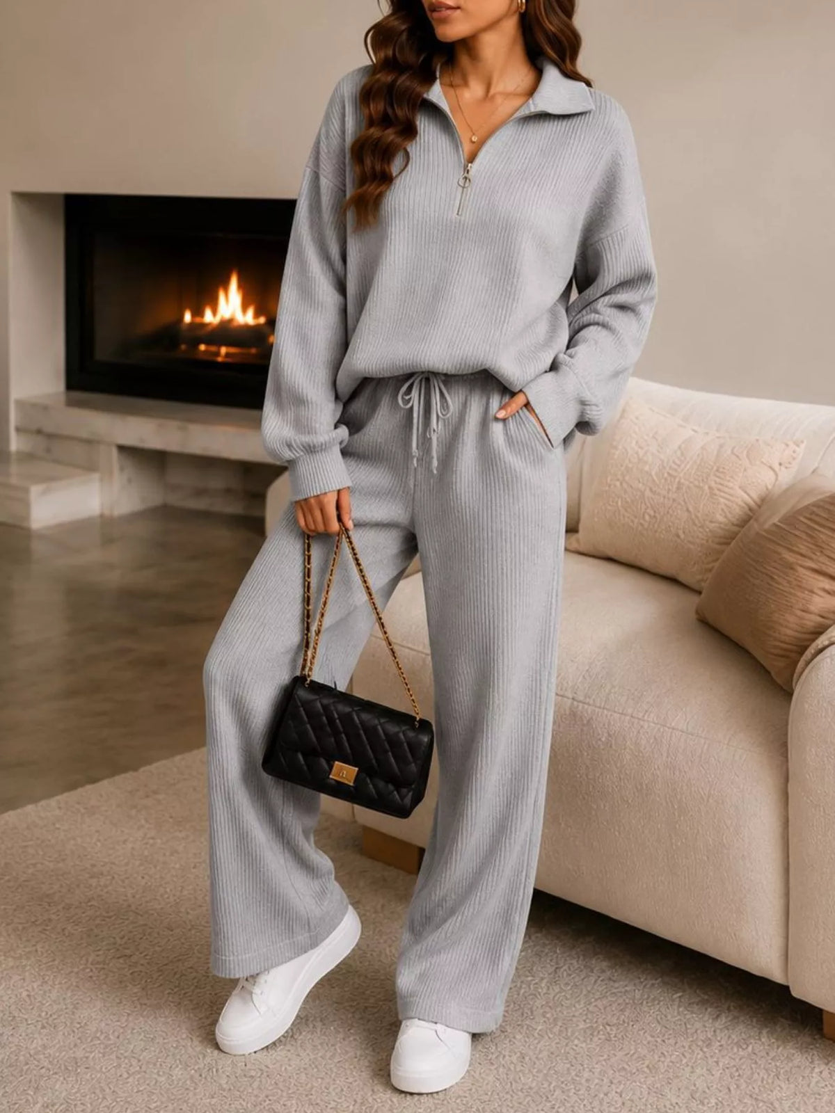 Gray quarter-zip knit top and pants set, full front view