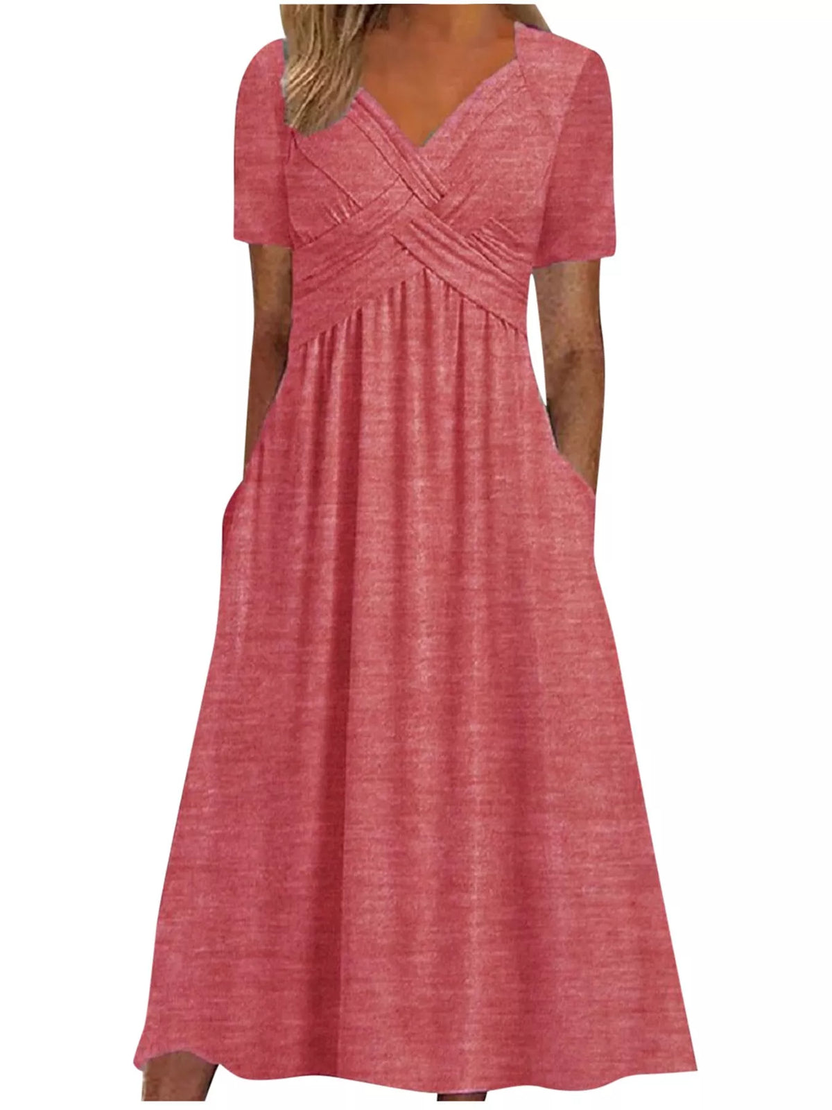 Pink crisscross short sleeve midi dress, front view