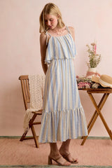 Trendsi SO ME Stripe Tiered Shoulder Tie Midi Lined Dress -