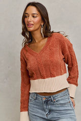 Trendsi SO ME Chenille Cable Knit V Neck Contrast Cropped Sweater -