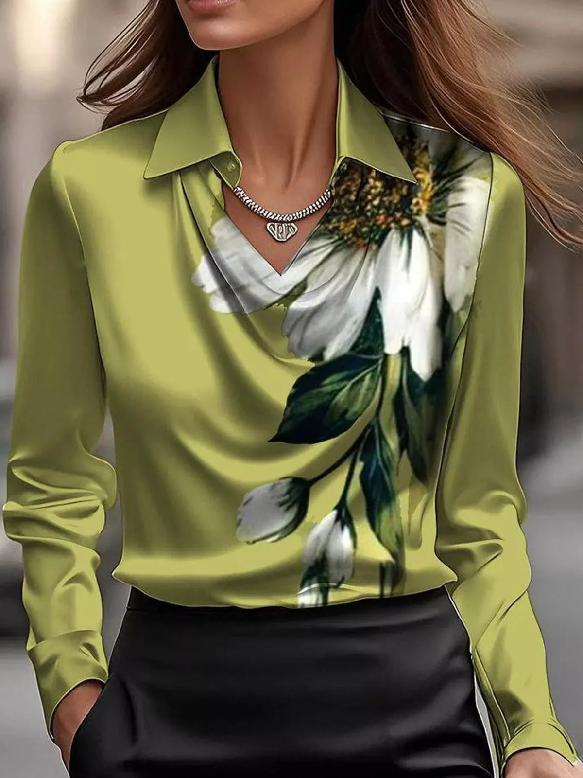 Green-Print satin cowl neck blouse
