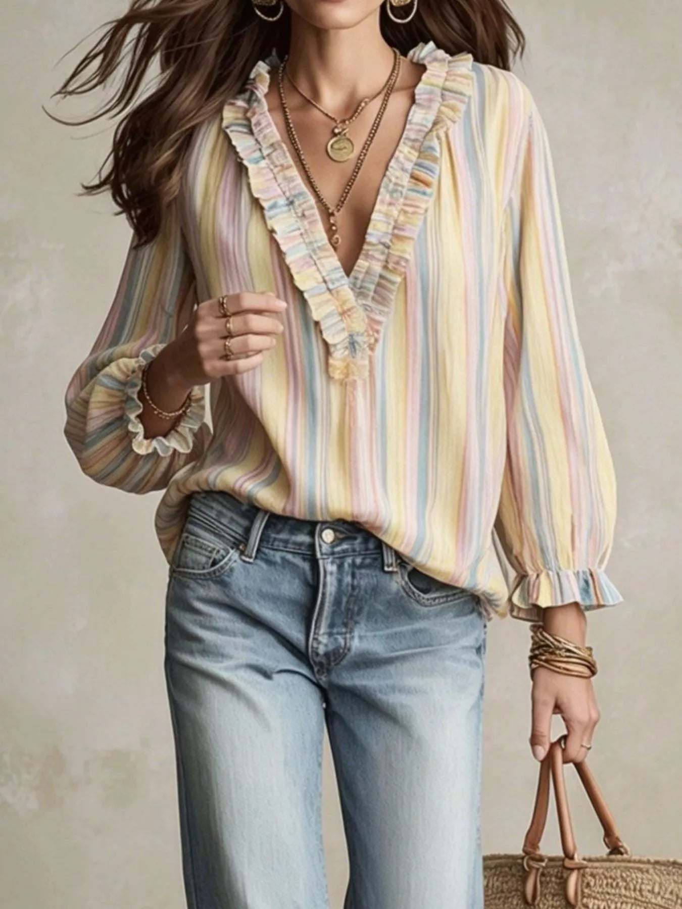 Trendsi Striped V-Neck Long Sleeve Blouse -