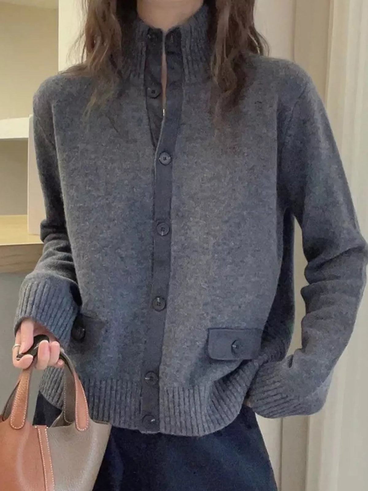 Ribbed-Knit Mock Neck Cardigan in gray, front view
