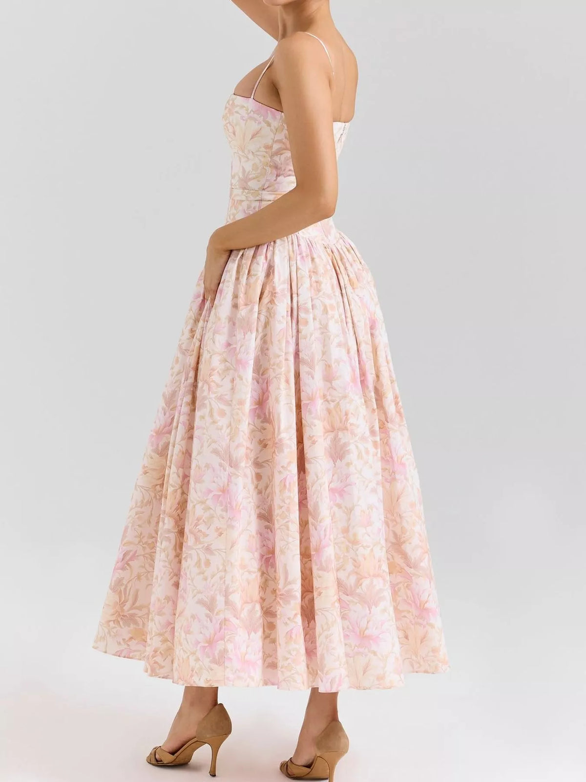 Women's Paneled Bodice Gathered Midi Dress in peach floral — side view