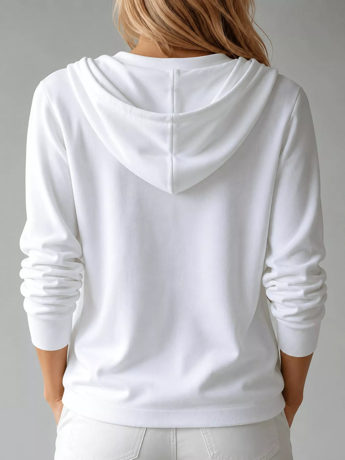 Hooded long sleeve cardigan, back view