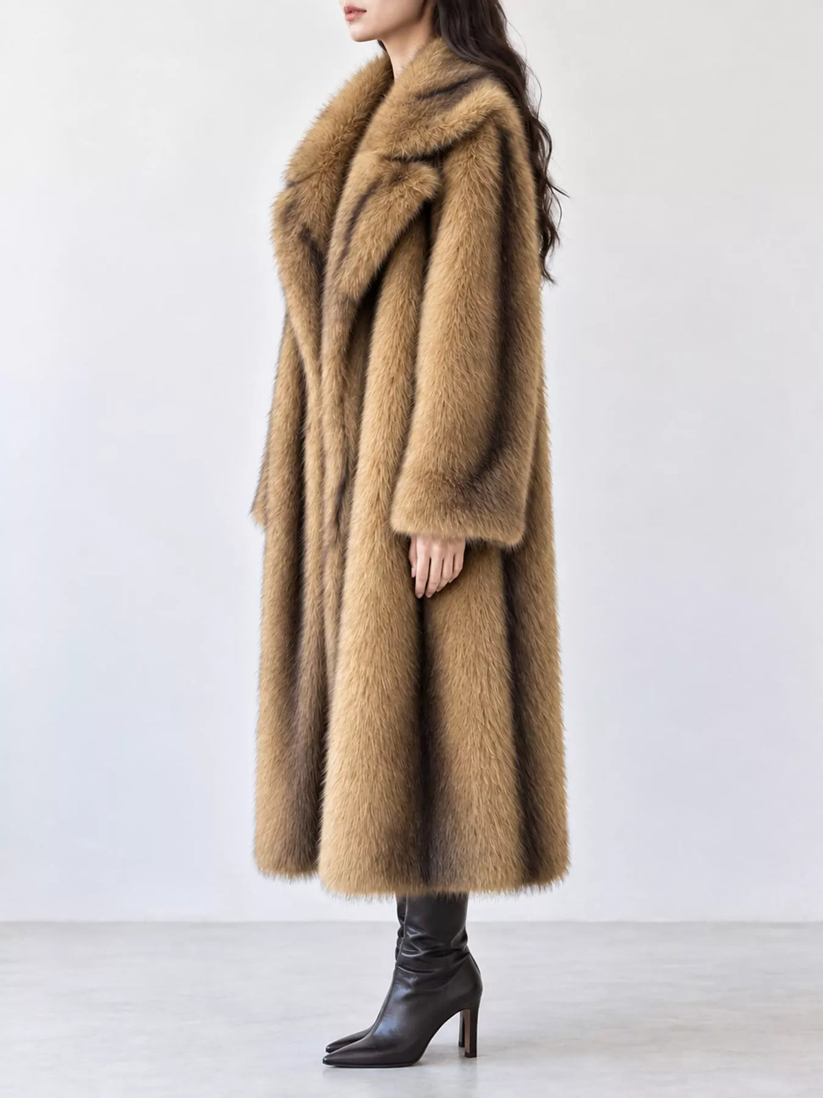Faux Fur Longline Coat in camel