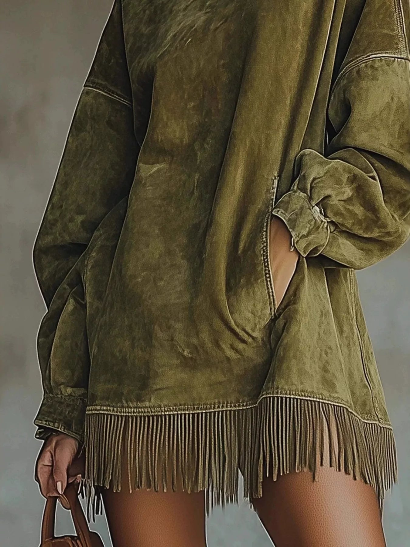Trendsi Full Size Mock Neck Fringed Hem Long Sleeve Mini Dress Plus Size -