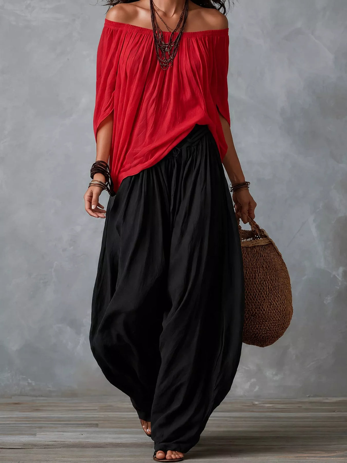Red top and black pants off-shoulder top and wide-leg harem pants set — front view