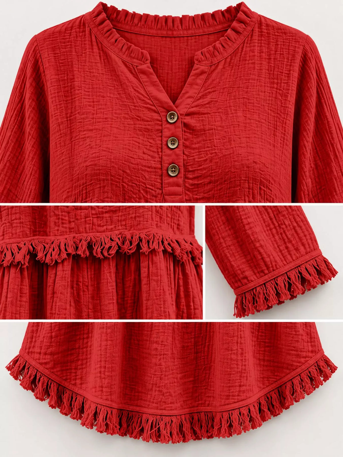 Frayed-hem blouse, red button and fringed trim details