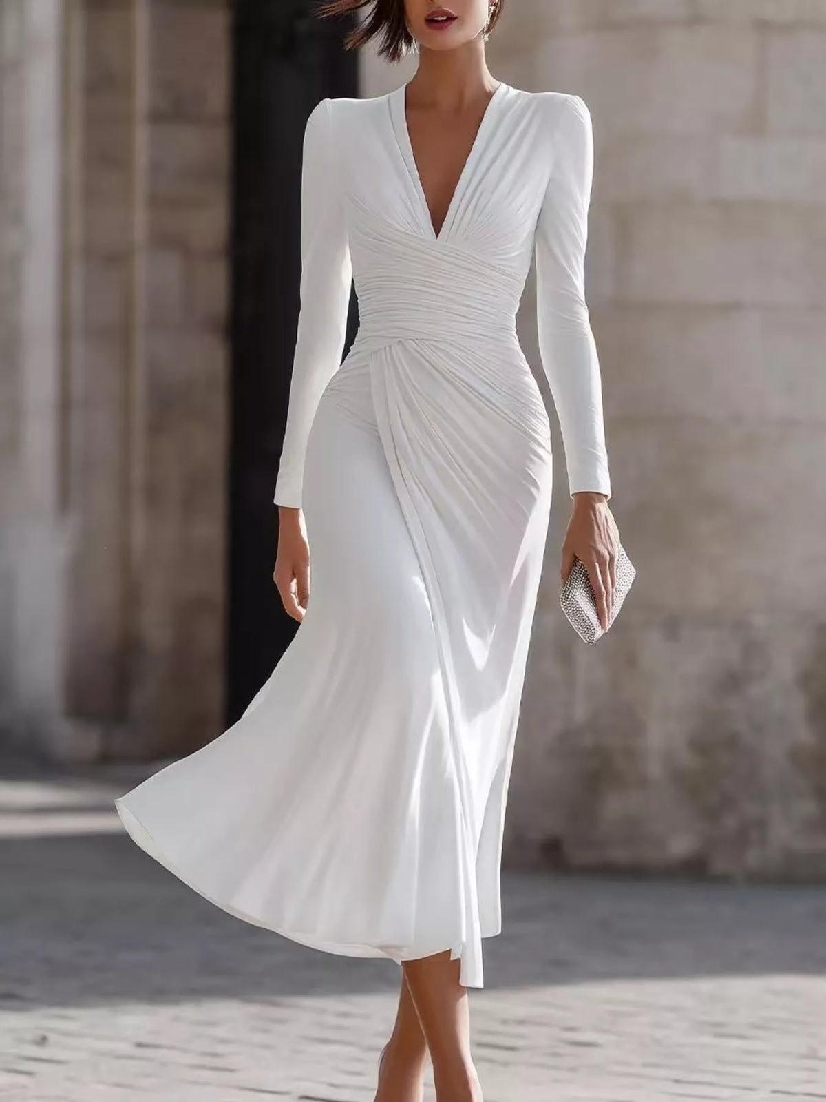Women's Ruched Long Sleeve Midi Dress in white — front view