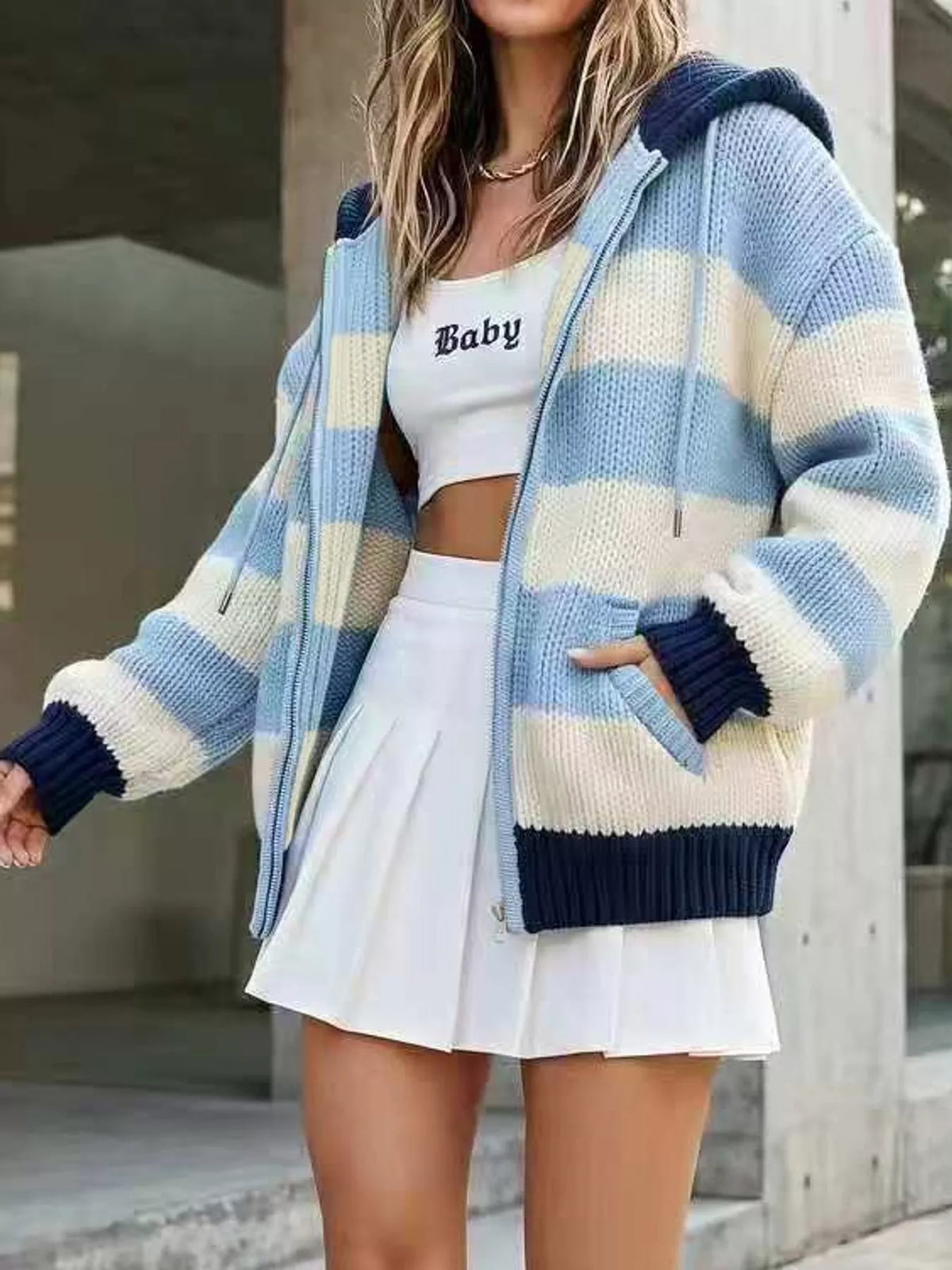 Hooded long sleeve cardigan, front view on model