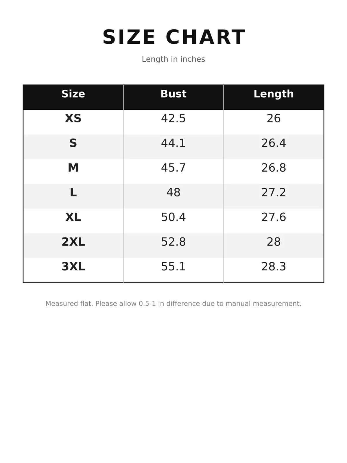 Size chart for layered look crew neck sweatshirt
