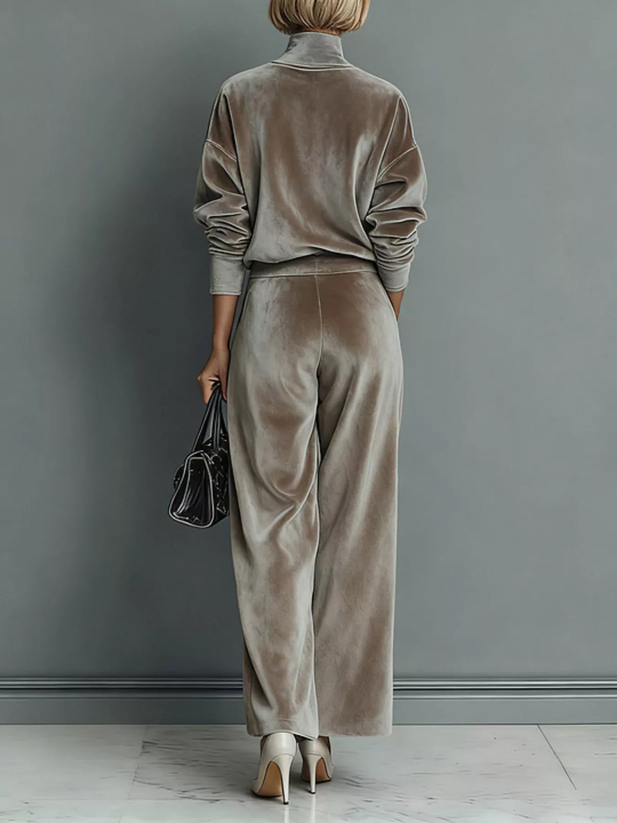 Taupe velvet mock-neck top and wide-leg pants set, full back view.
