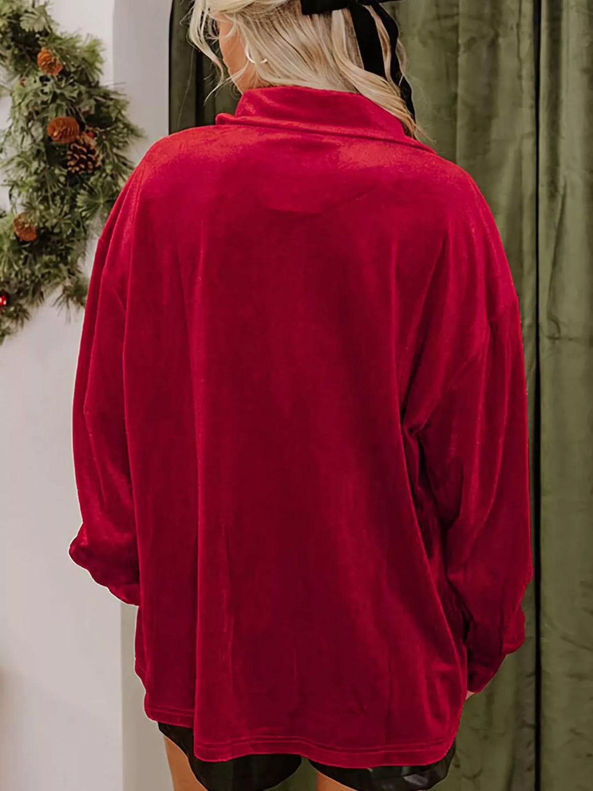 Red velvet button-down shirt with patch pockets — back view