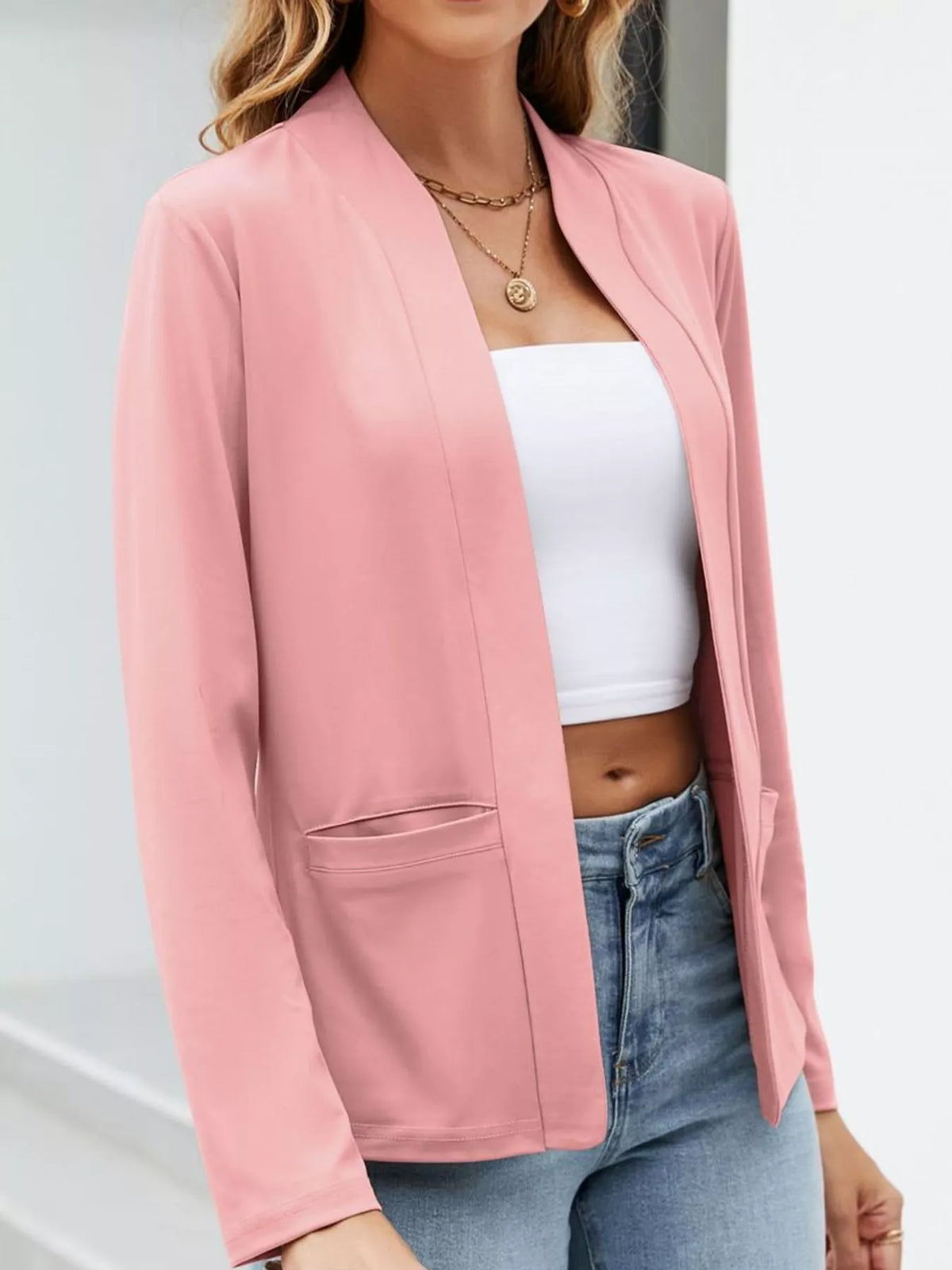 Mandarin neck long sleeve blazer, front view on model