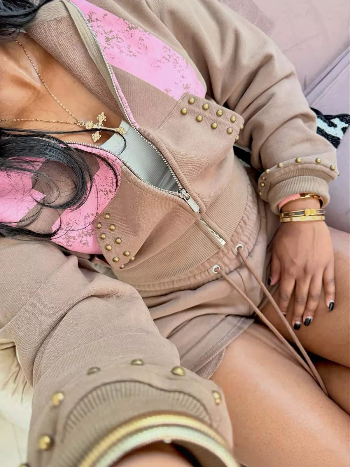Studded hoodie and shorts set, taupe studded hoodie detail