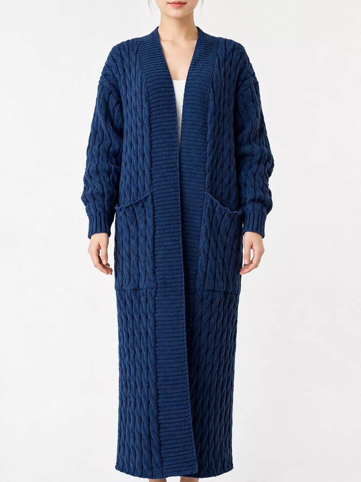 Denim Blue cable-knit longline open-front cardigan