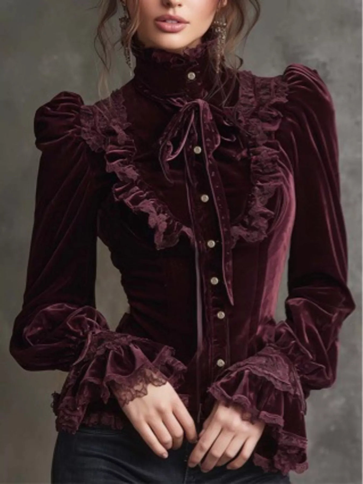 Red velvet long sleeve blouse