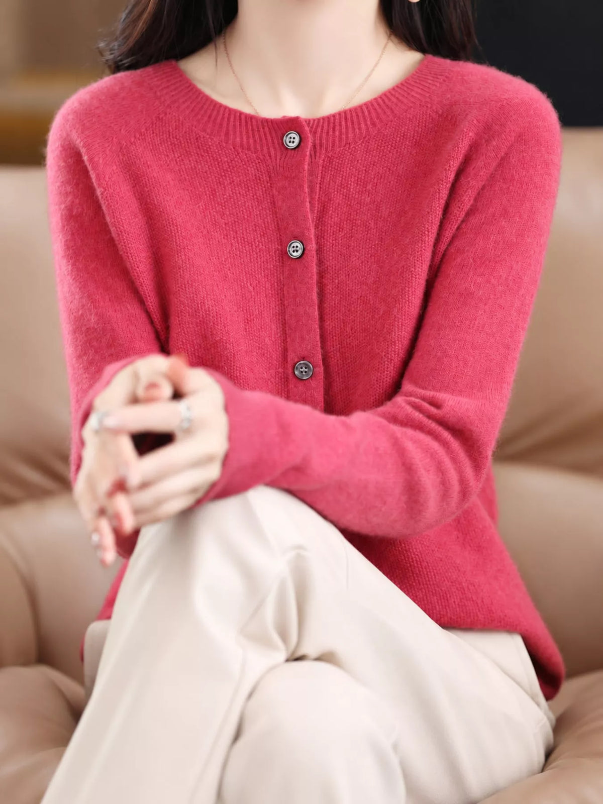 Round neck long sleeve cardigan, front view on model