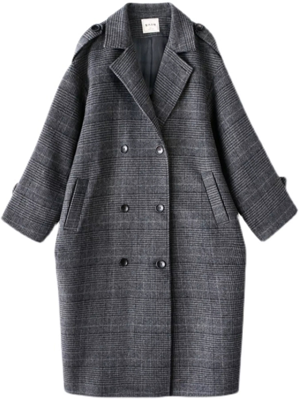 Gray plaid double-breasted longline overcoat